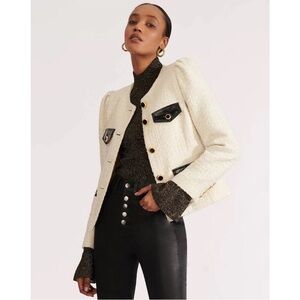 Veronica Beard 4 Leslie Jacket Cream Tweed/Boucle Metallic Faux Leather